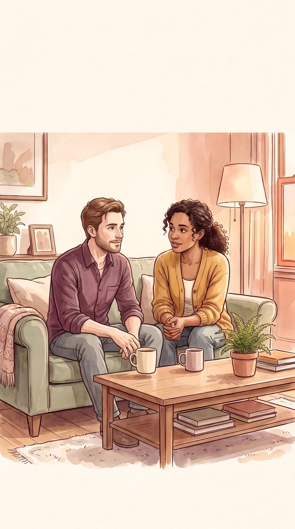 Illustration : un homme et une femme prennent un moment pour s’écouter sur leur canapé.