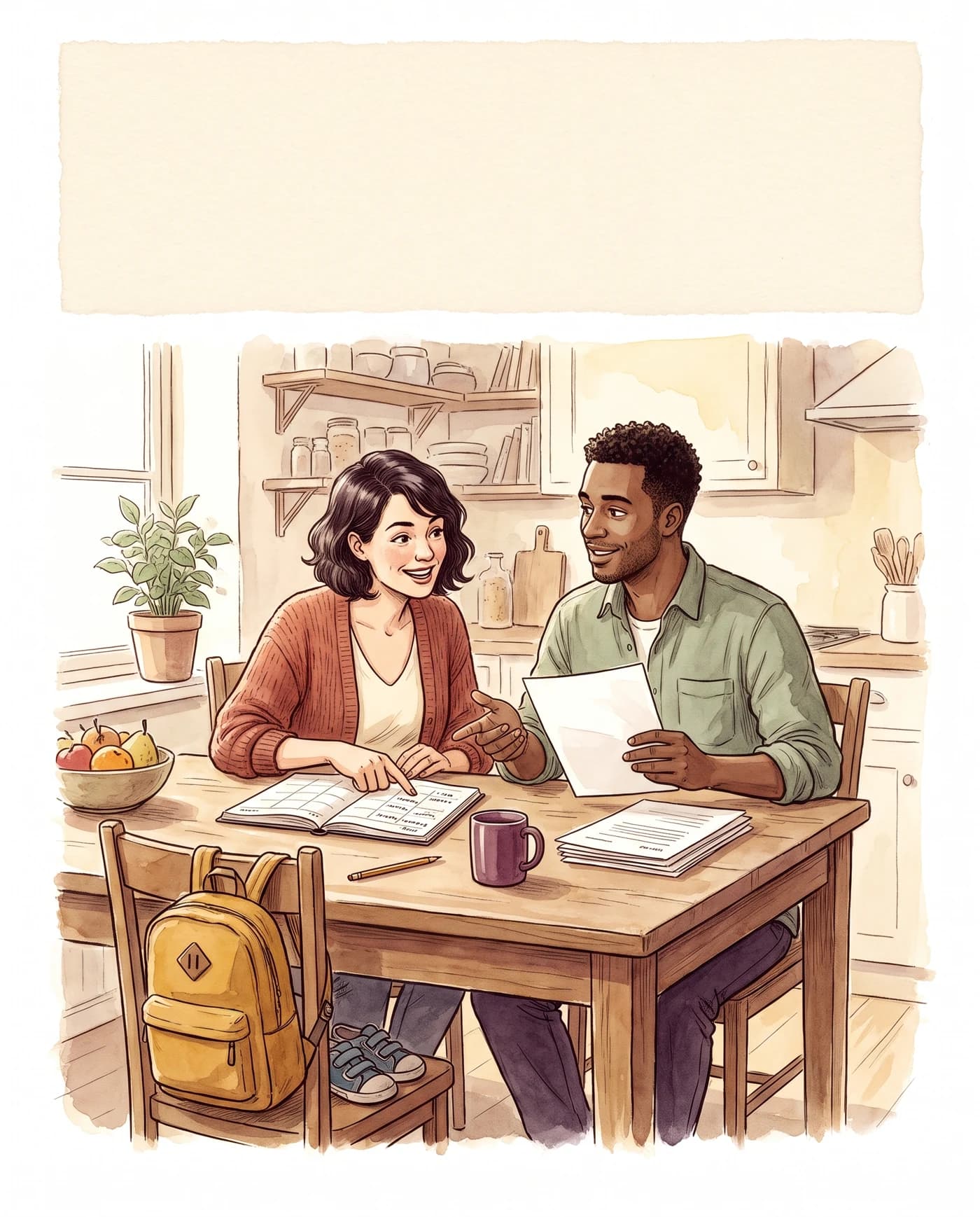 Illustration : une femme et un homme préparent leur semaine à la table de la cuisine.