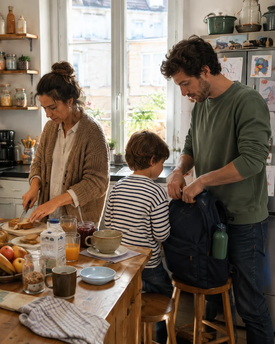 Deux parents préparent le petit-déjeuner et le sac de leur enfant dans leur cuisine.
