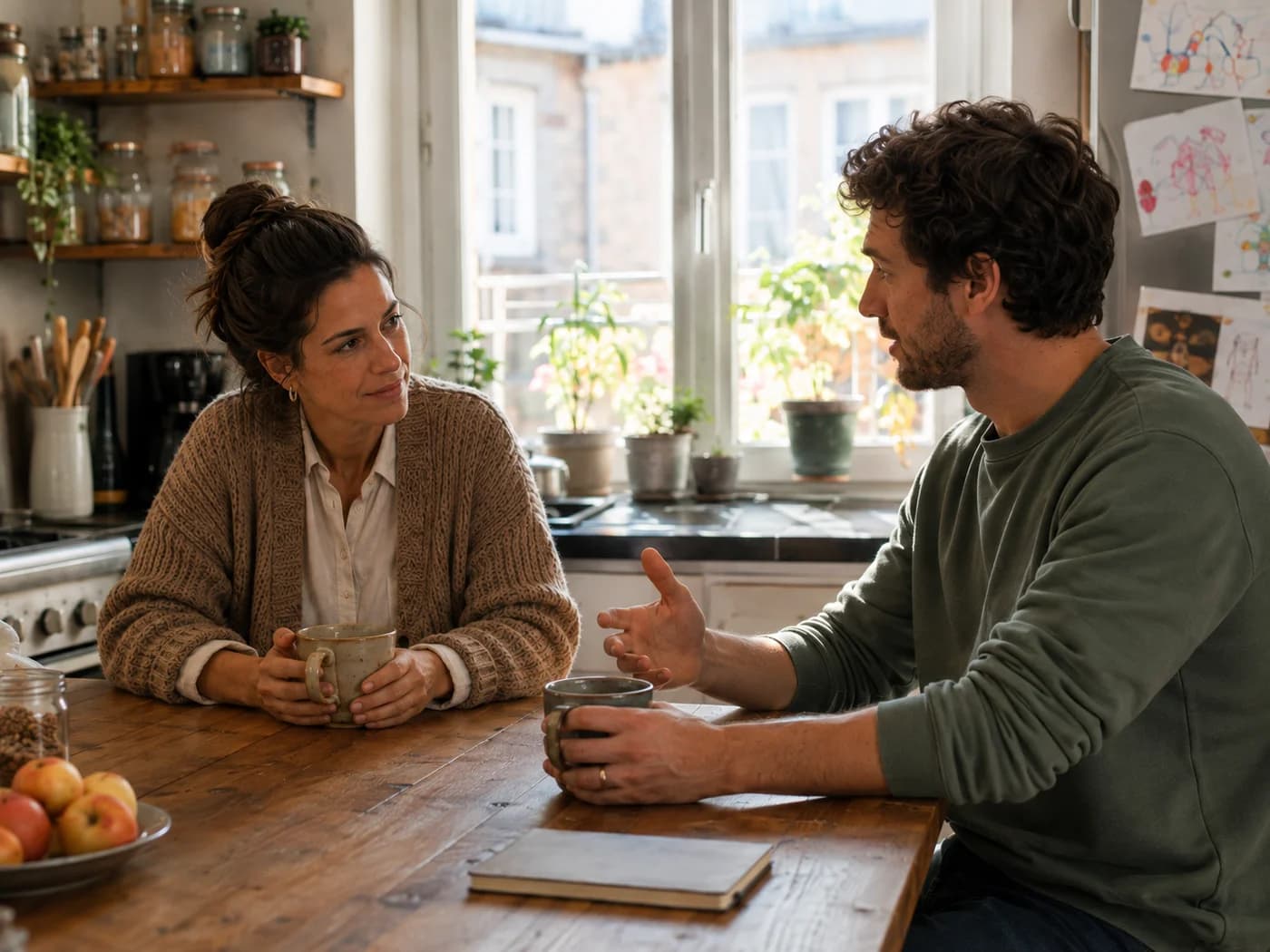 Deux adultes prennent un moment pour discuter autour de la table de leur cuisine.
