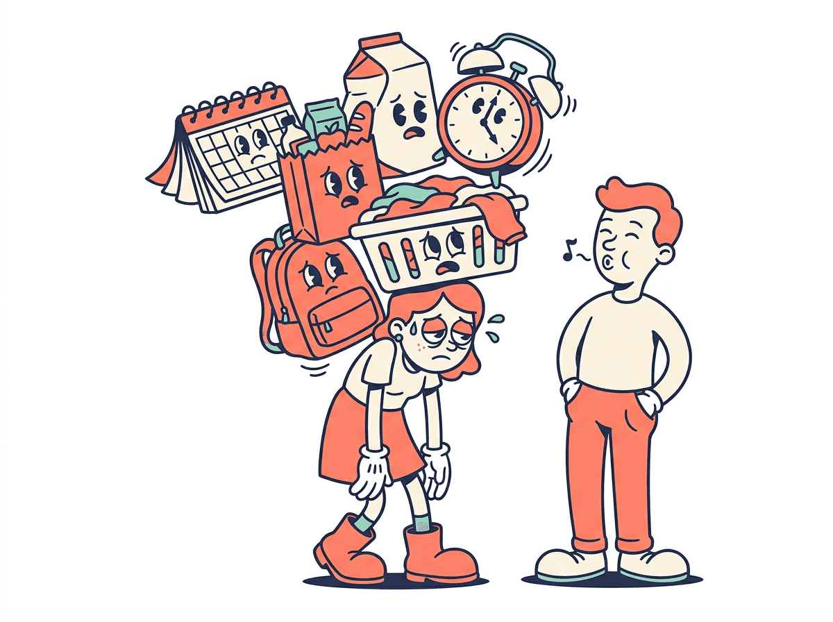 Une femme épuisée porte seule une pile instable de tâches du foyer — calendrier, courses, rendez-vous médecin, lessive, cartable — pendant que son partenaire, détendu, a les mains vides.