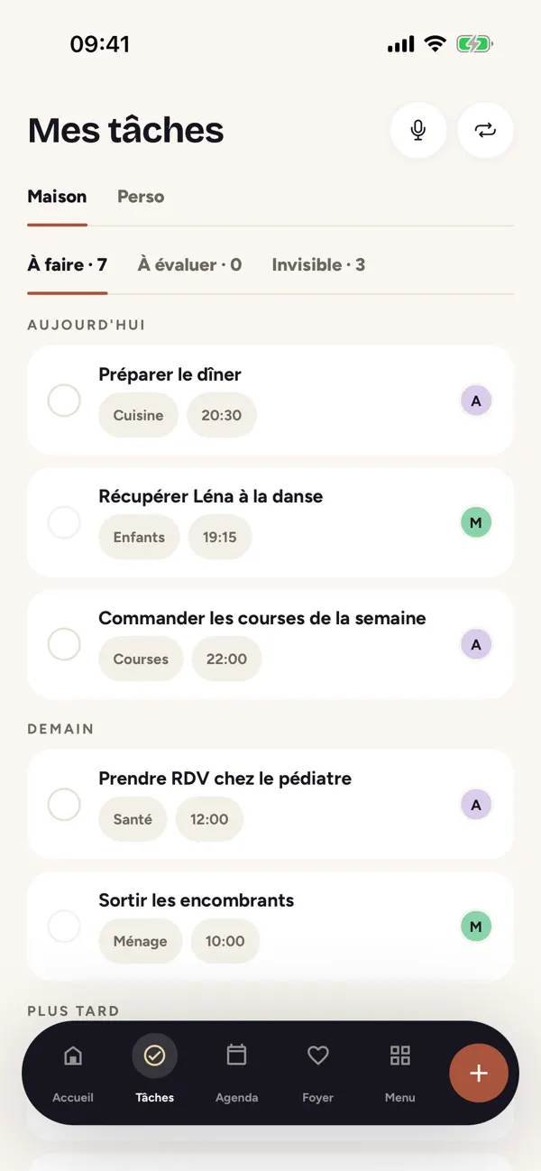 Écran Tâches de Keurzen : les tâches du foyer, leurs échéances et les membres qui les portent.